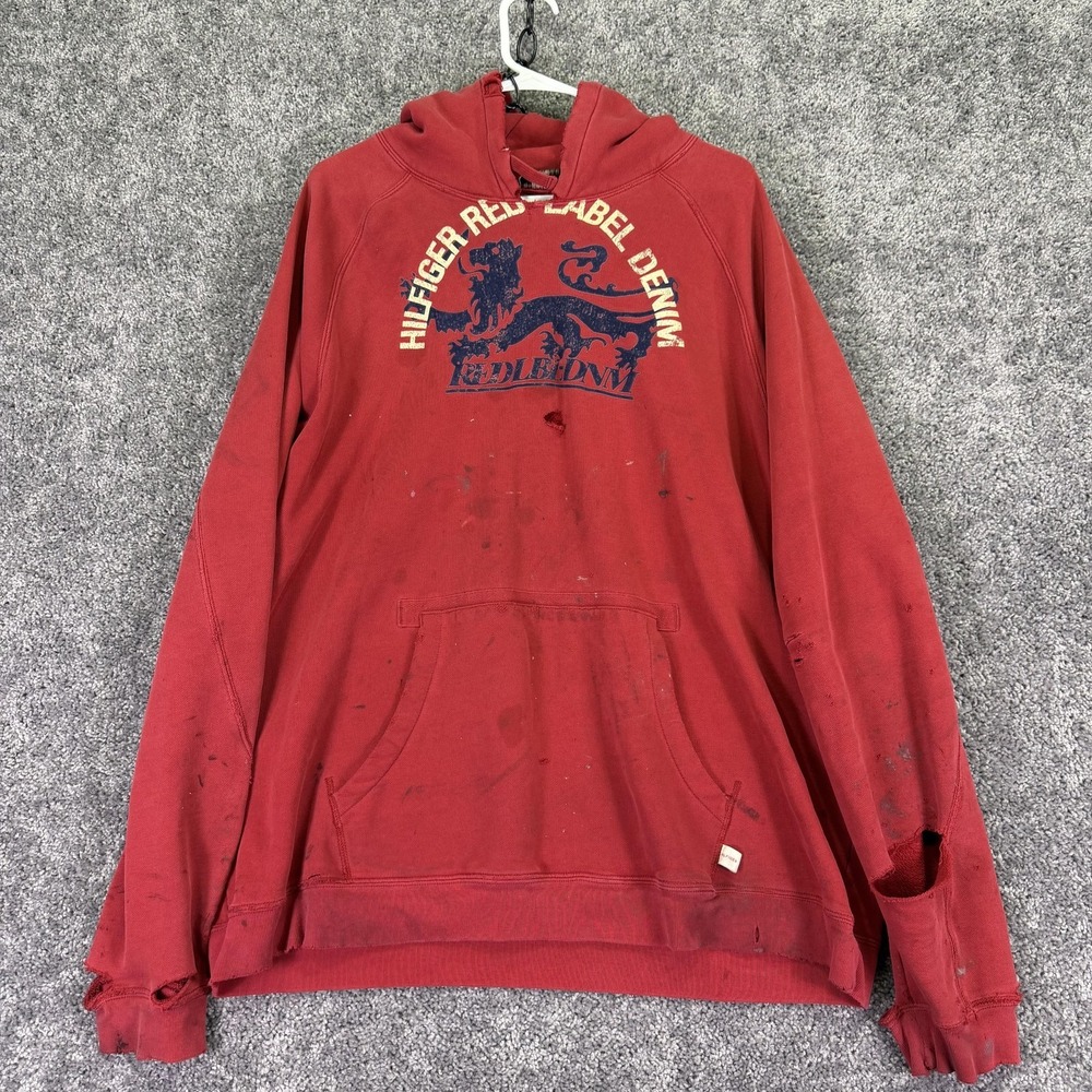 Hilfiger Denim Hoodie Mens XL Red Pullover Red Label Lion Graphic Distressed